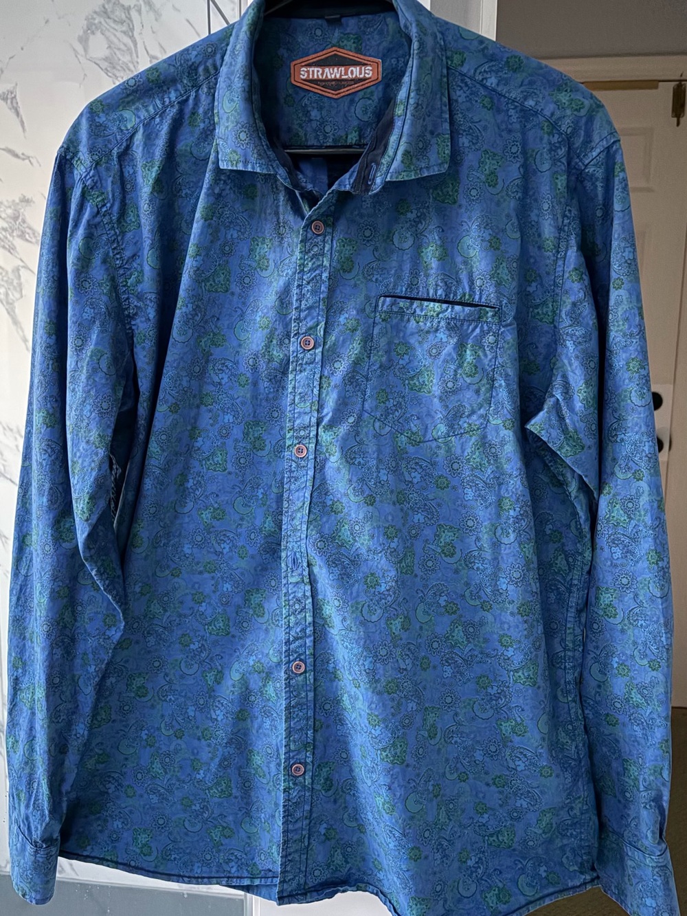 Strawlous Men’s XL Blue Green Paisley Long Sleeve Button Down Shirt